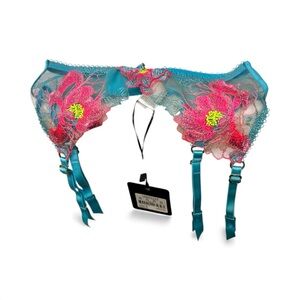 Honey Birdette Floral Lace Garter Belt - Teal and Pink